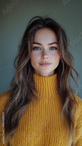 Beautiful young woman in a cozy yellow turtleneck sweater posing in natural l...