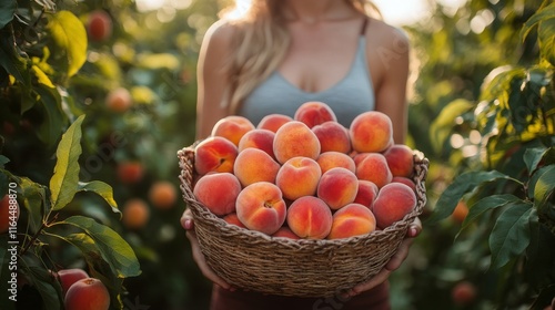 Young woman harvests fresh peaches in sunny orchard surrounded by lush greene...