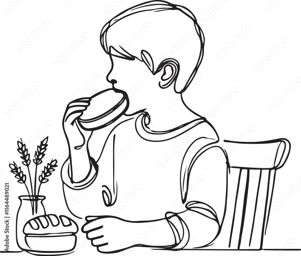Simple Line Drawing of a Boy Eating Bread. Minimalist Art for Modern Design Simple Line Drawing of a Boy Eating Bread. Minimalist Art for Modern Design