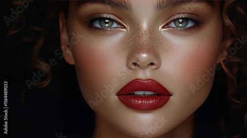 Close-up of perfectly styled lips with bold red lipstick showcasing modern be...
