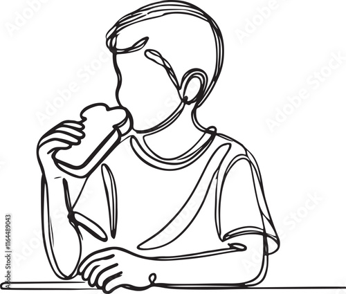 Simple Line Drawing of a Boy Eating Bread. Minimalist Art for Modern Design