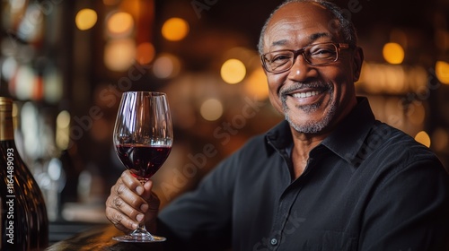 Senior man enjoying red wine at a cozy bar on a relaxed evening
