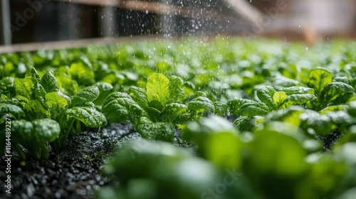 Fresh lettuce growing in a water-filled field under morning sunlight near a m...