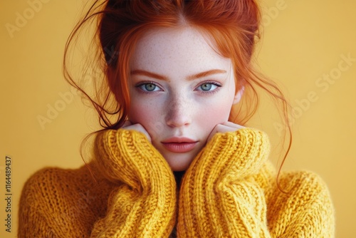 Young woman with flowing red hair and soft expression against a bright yellow...