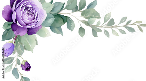 Watercolor Violet Floral Corner Border with Purple Roses and Eucalyptus for Wedding Stationery and Greeting Cards, PNG Transparent Background