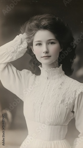 Young woman with long hair poses confidently in a stylish white outfit agains...