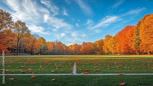 Autumnal football field surrounded by vibrant fall foliage under a bright sky.