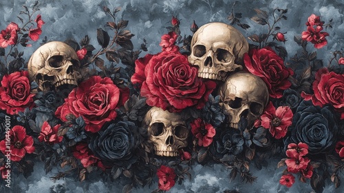 Fototapeta Naklejka Na Ścianę i Meble -  A decorative pattern featuring skulls intertwined with vibrant roses on a textured background.