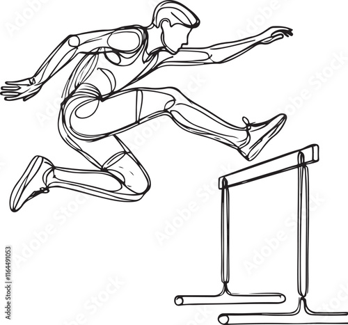 Athlete Running Hurdles in Simple Line Art on White Background