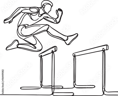 Athlete Running Hurdles in Simple Line Art on White Background