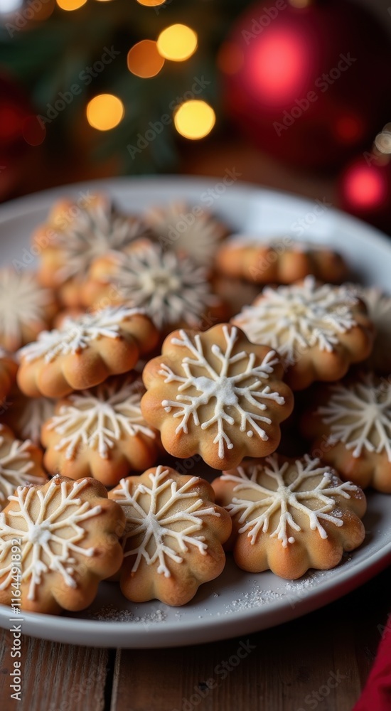 A close up of a plate of cookies with white frosting on a table