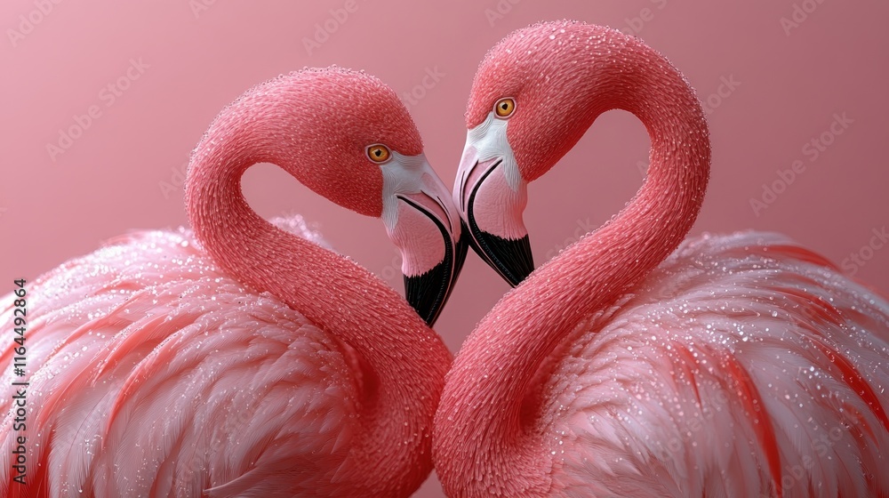 Naklejka premium Two pink flamingos forming a heart shape.