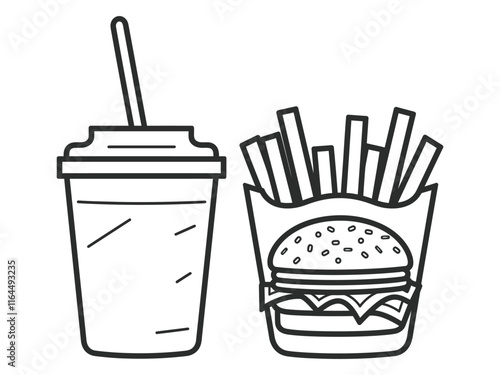 Fast Food Icon Fries, Burger & Drink in Black & White.