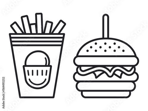 Fast Food Icon Fries, Burger & Drink in Black & White.