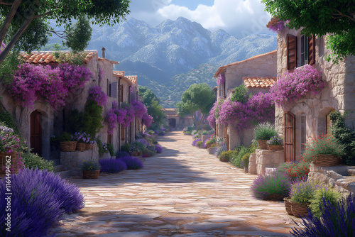 Photo réaliste professionnelle d’une rue charmante provençale avec des paniers suspendus de fleurs, des buissons de lavande vibrants et des maisons en pierre rustiques avec des volets