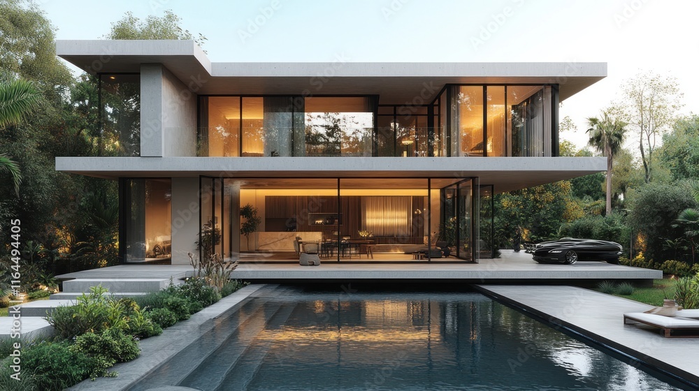 Fototapeta premium Modern luxury house with infinity pool at dusk.