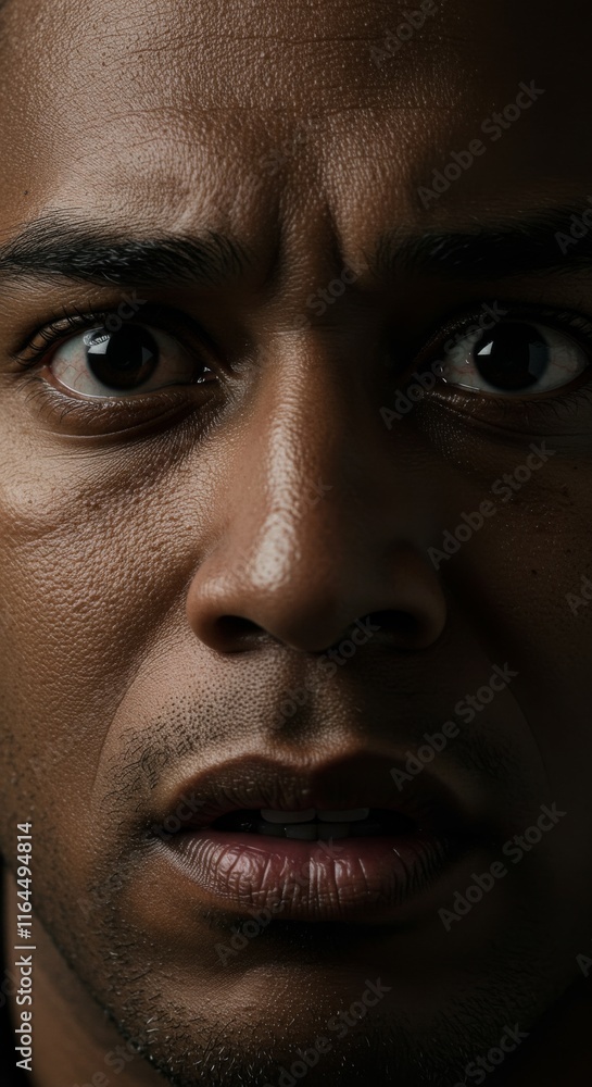 Close up of Hispanic Man face, Scared Terrified, Fear Expression, Zoom In, Zoomed Portrait
