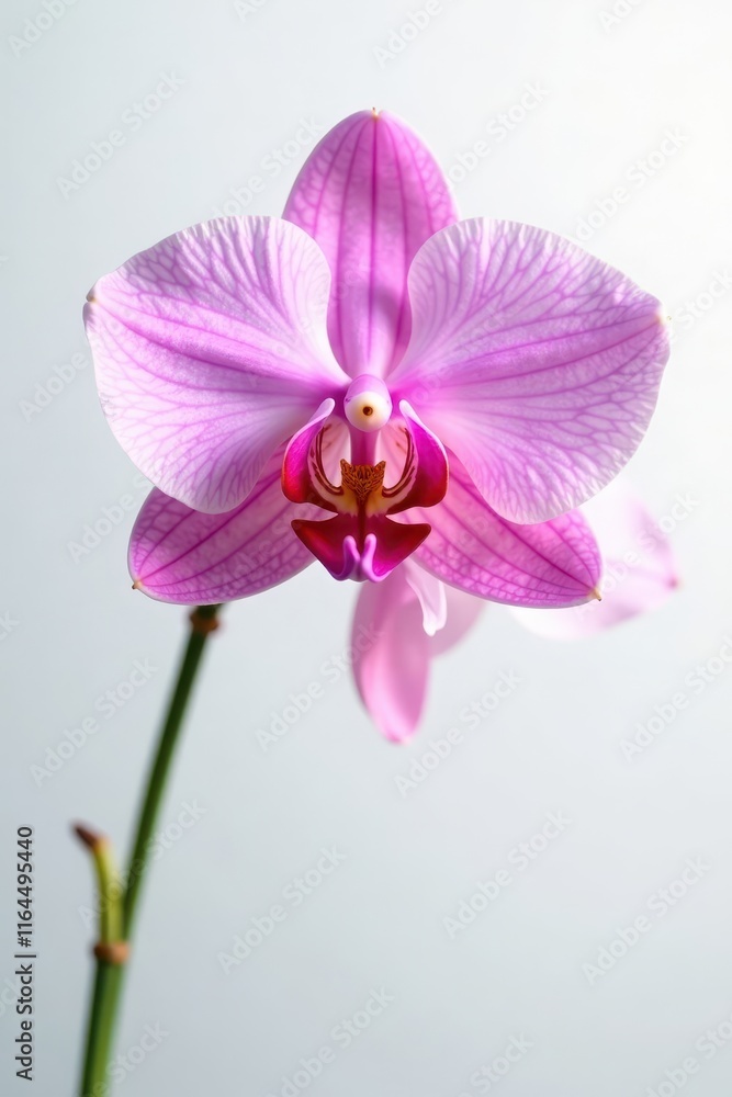 Delicate petals of rosy orchid gently unfold on white background, botanical, delicate Delicate petals of rosy orchid gently unfold on white background, botanical, delicate
