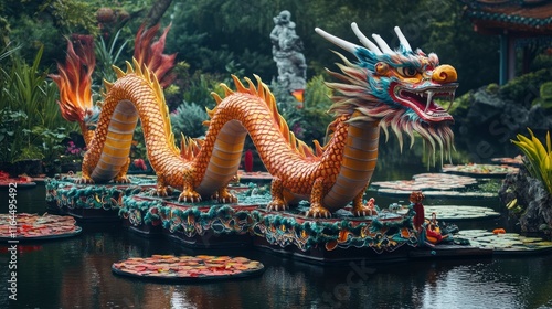 A dragon dance team performing on a series of floating platforms in a koi pond. photo