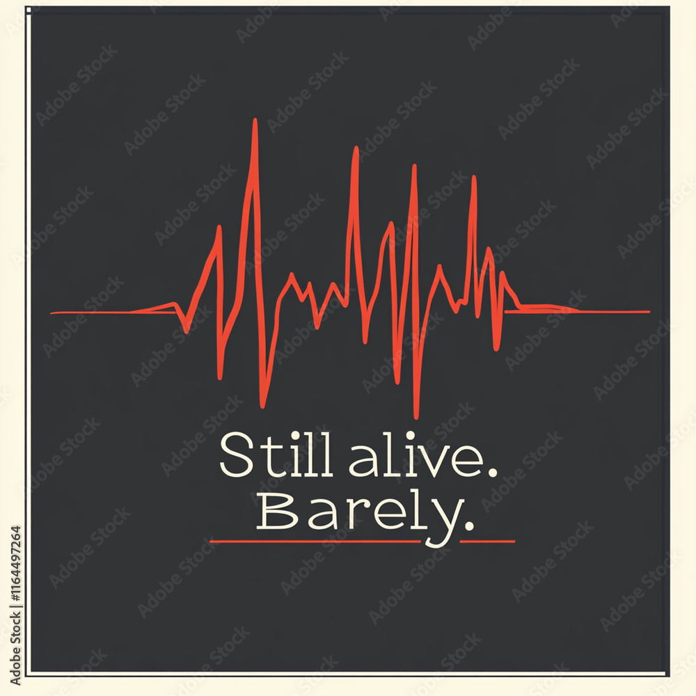 Obraz premium Mock-up design with subtle textures, featuring the quote 'Still alive. Barely.' in bold typography. Ideal for mugs, stickers, or wall art