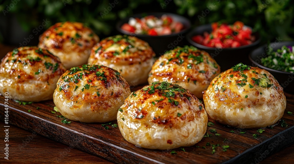 Close-up of golden, cheesy garlic bread on wooden board. Close-up of golden, cheesy garlic bread on wooden board.
