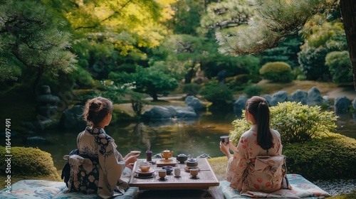 young women in serene tea ceremony in a garden, sipping tea
