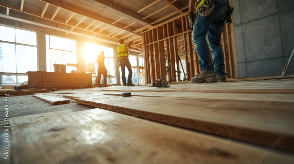 Obraz premium Construction Workers Installing Wooden Floor in New Building