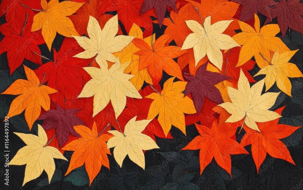 Vibrant Autumn Leaves in Vivid Reds and Yellows on Black Background Vibrant Autumn Leaves in Vivid Reds and Yellows on Black Background