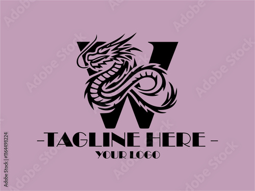 Black dragon creating letter W on lavender background. Suitable for fantasythemed designs, logos, or products related to mythical creatures or alphabets