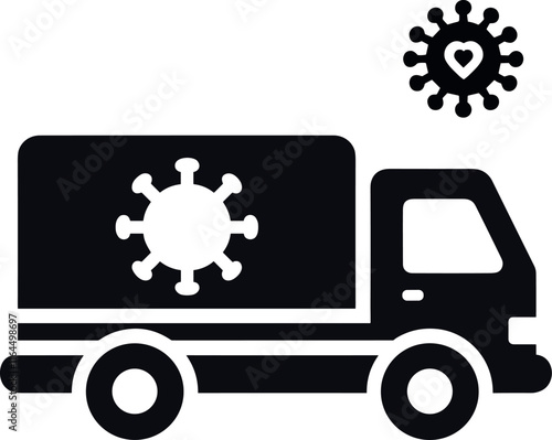 Medical supply truck icon with virus symbol in black and white vector illustration