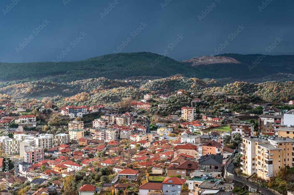 High angle panorama over the traditional village of Kruja, Albania High angle panorama over the traditional village of Kruja, Albania