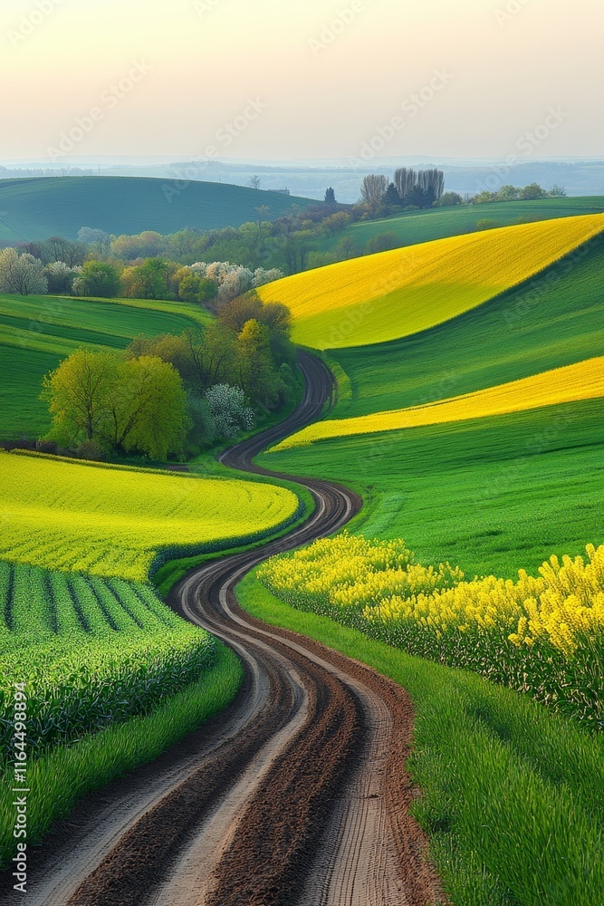 Fototapeta premium Winding Dirt Road Through Rolling Hills of Green and Gold Abstract Patterns in Agriculture