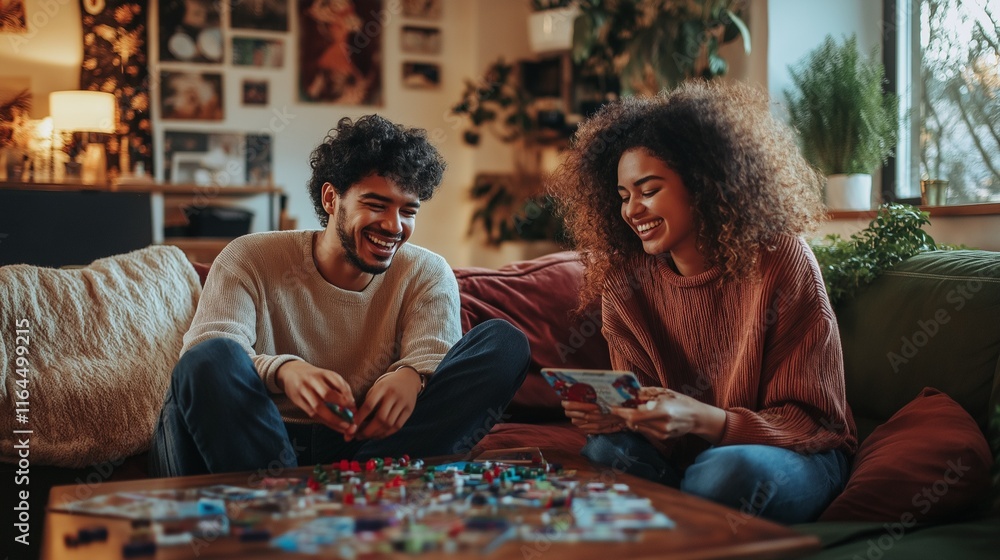 Fototapeta premium young couple playing board games, laughing, and sipping coffee, with soft lighting and comfy furniture