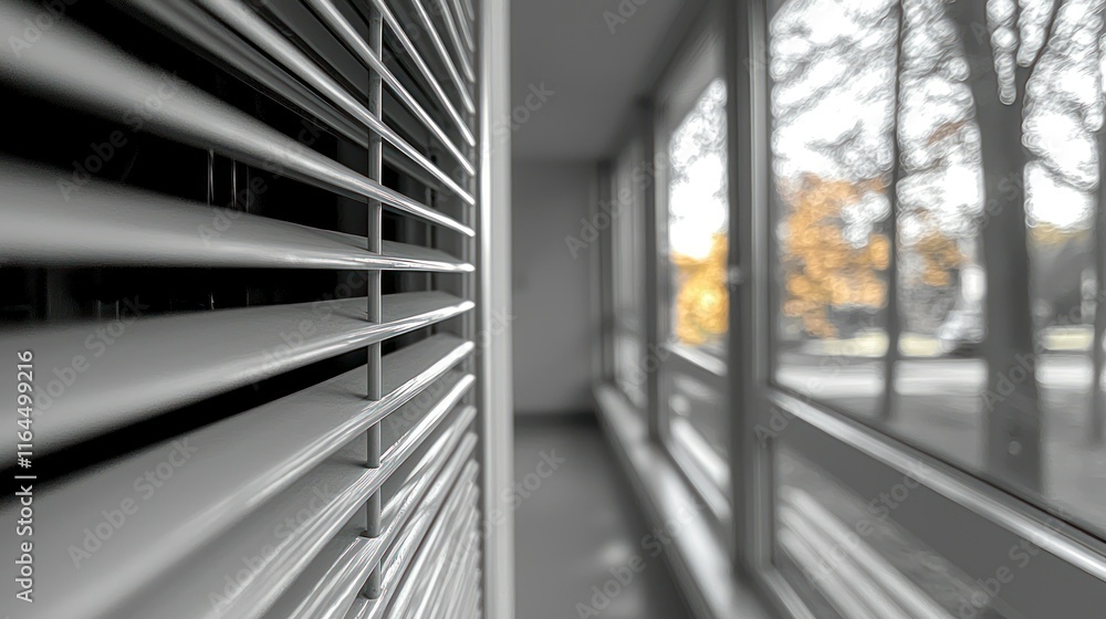 Obraz premium Close-up of window blinds with outdoor view.