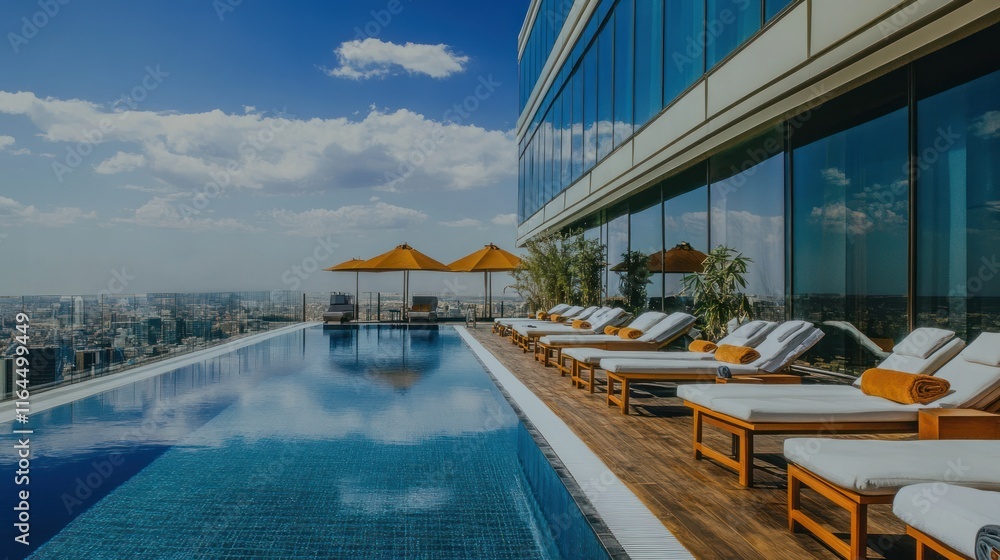 Naklejka premium Rooftop infinity pool with city view, luxury loungers, and parasols.