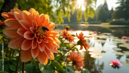 Vibrant Orange Dahlias in Point Defiance Rose Garden, Lakeside Blooms at Golden Hour