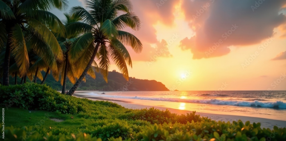 Tropical landscape with green park and beach at sunset, blurred coconut trees, beach, ocean, serenity Tropical landscape with green park and beach at sunset, blurred coconut trees, beach, ocean, serenity
