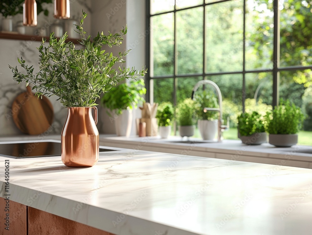 A vase with a plant in it sits on a countertop. The countertop is white and has a sink and a window A vase with a plant in it sits on a countertop. The countertop is white and has a sink and a window