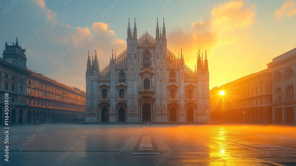 Obraz premium Majestic Milan Cathedral at sunrise, fog-filled square.