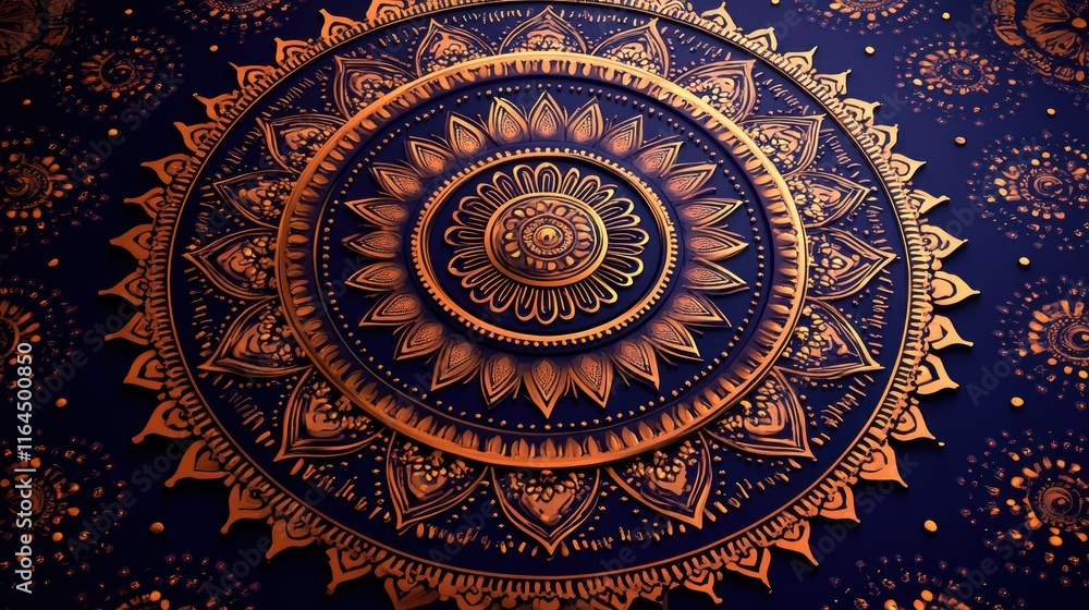 Fototapeta premium A detailed mandala design with intricate patterns in gold and deep blue tones.