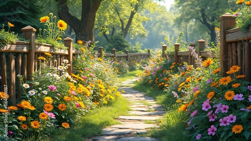 Vibrant Flower Garden Path, Sunflowers, Daisies, Cosmos Blooming by Wooden Fence