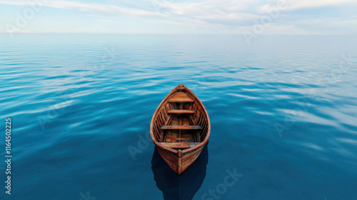 The lonely, A serene and realistic image depicting a boat drifting alone in a tranquil setting, perfect for themes of solitude and nature in visual storytelling. photo