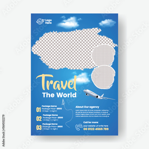 Travel or Tourist agency a4 print flyer or poster template layout,  holiday vacation tourism flyer, leaflet or brochure cover design