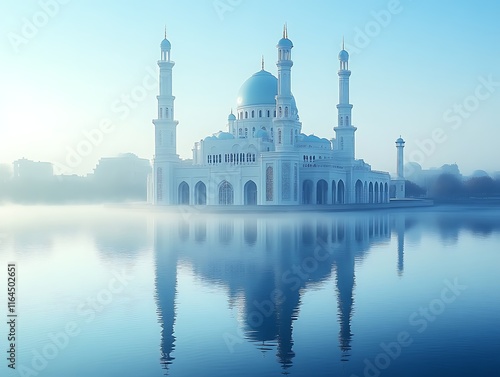 Misty dawn mosque reflection. photo