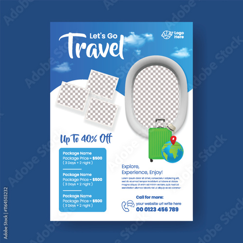 Promotional a4 print flyer or poster template for Travel and Tour agency, summer holiday vacation flyer, hotel resort flyer or poster,  travel package catalog, tourism flyer, leaflet, brochure cover