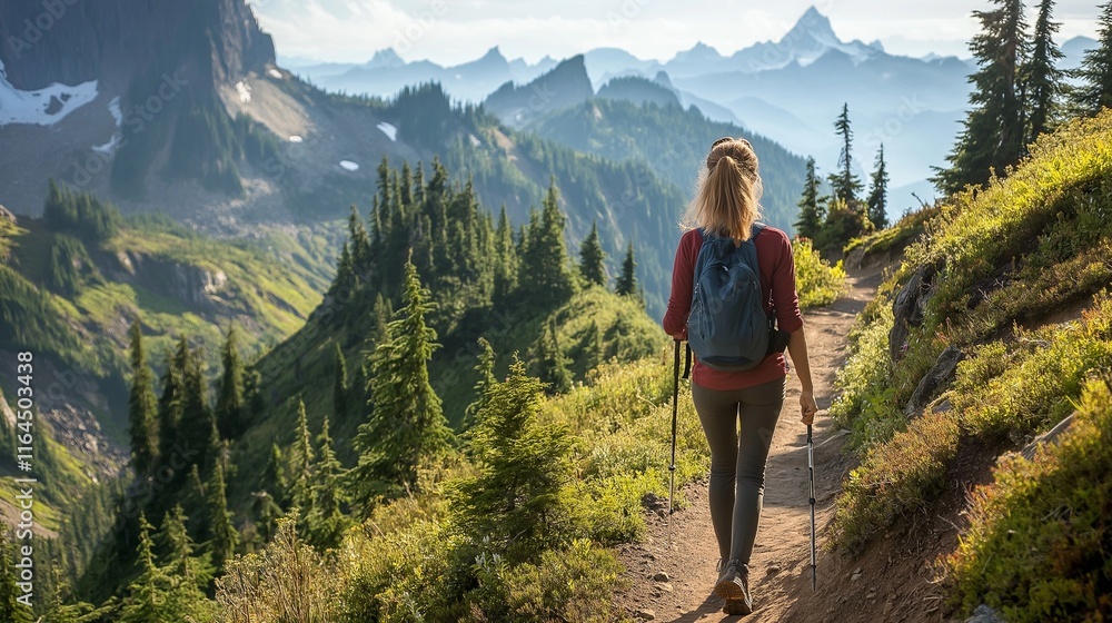 Naklejka premium young woman hiking up a mountain trail, surrounded by lush green forests and dramatic views of the landscape