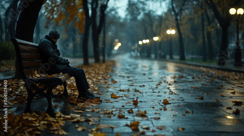 The lonely, A solitary figure rests on a park bench, captured in a serene setting, showcasing themes of solitude and contemplation in a visually appealing image. photo