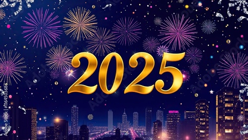 A vibrant and festive digital illustration of a sparkling New Year's Eve celebration set in 2025, featuring a dark blue midnight sky with bursting fireworks in shades of pink, yellow, and orange, surr photo