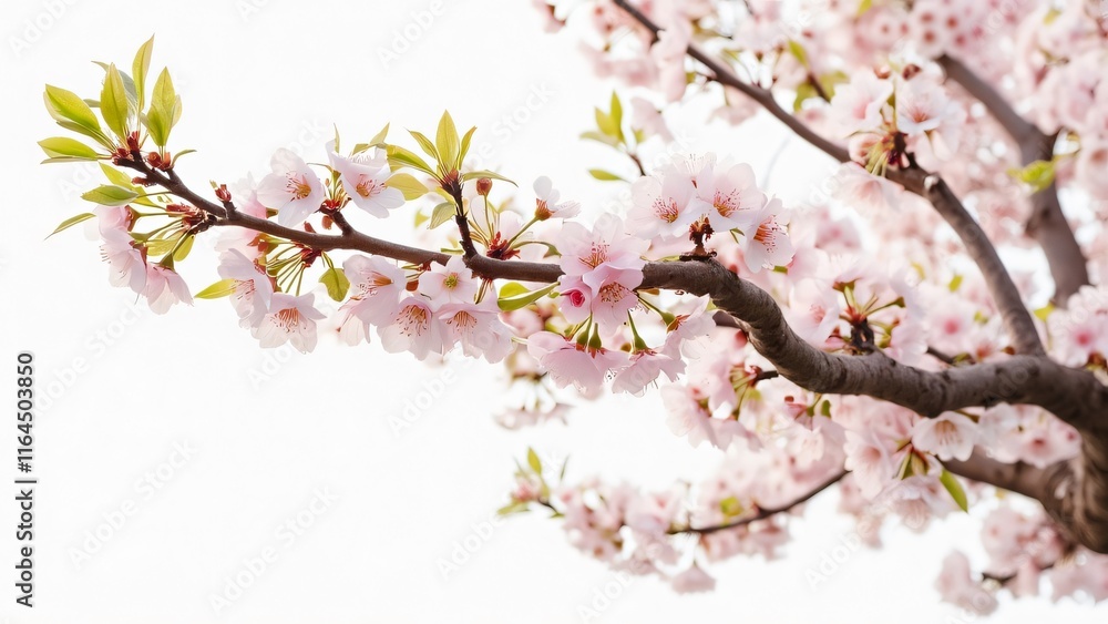Majestic Curved Branch with Delicate Pale Pink Cherry Blossoms in Full Bloom, Spring Floral Design Element Majestic Curved Branch with Delicate Pale Pink Cherry Blossoms in Full Bloom, Spring Floral Design Element