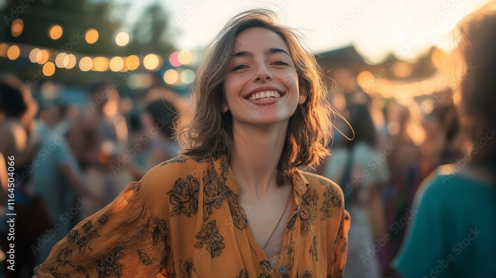 young woman on exciting outdoor music festival, with a crowd of people dancing and enjoying live performances under a clear sky young woman on exciting outdoor music festival, with a crowd of people dancing and enjoying live performances under a clear sky